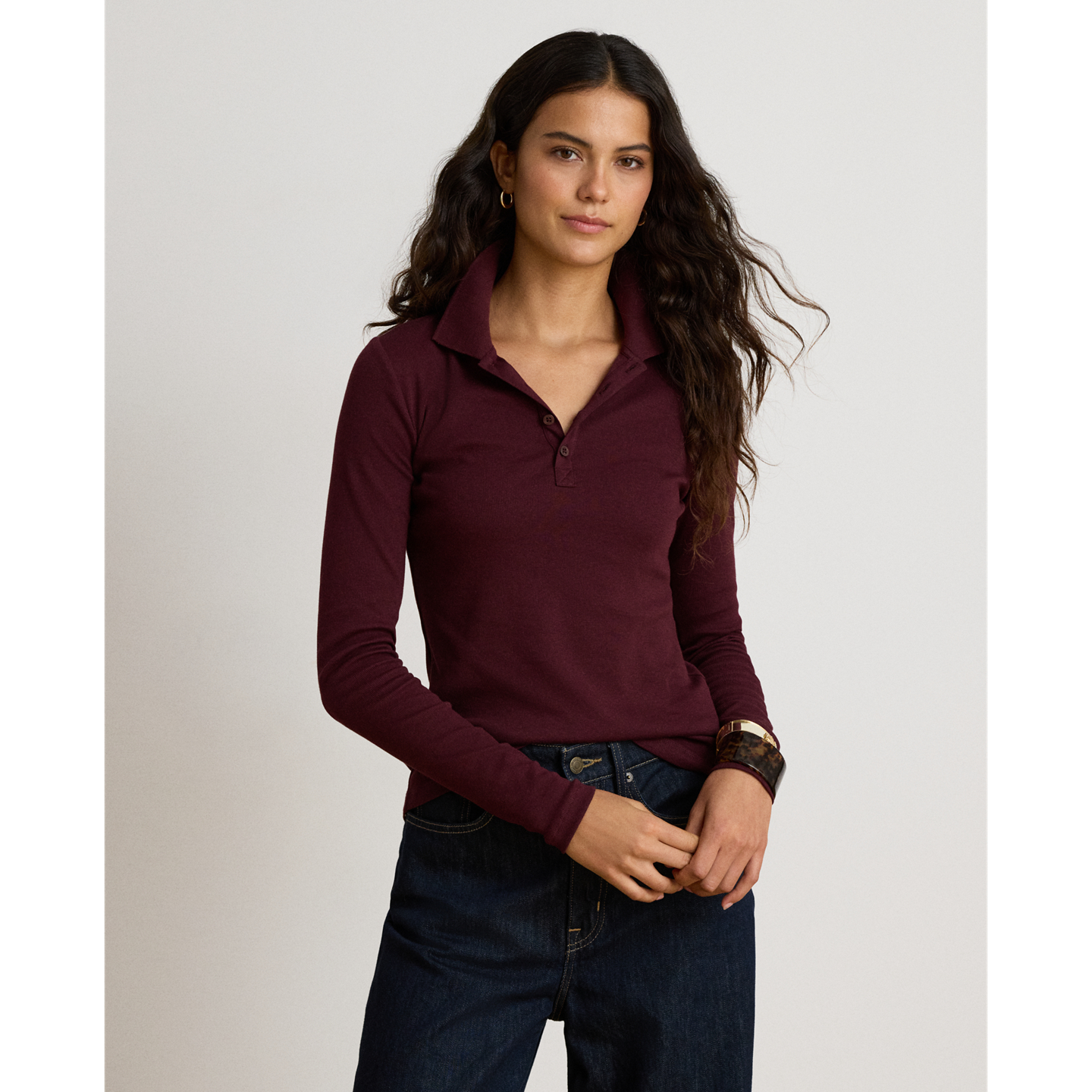 Женское поло Ralph Lauren Rib-Knit Long-Sleeve Polo, цвет: Тёмный гранатовый — фото 4