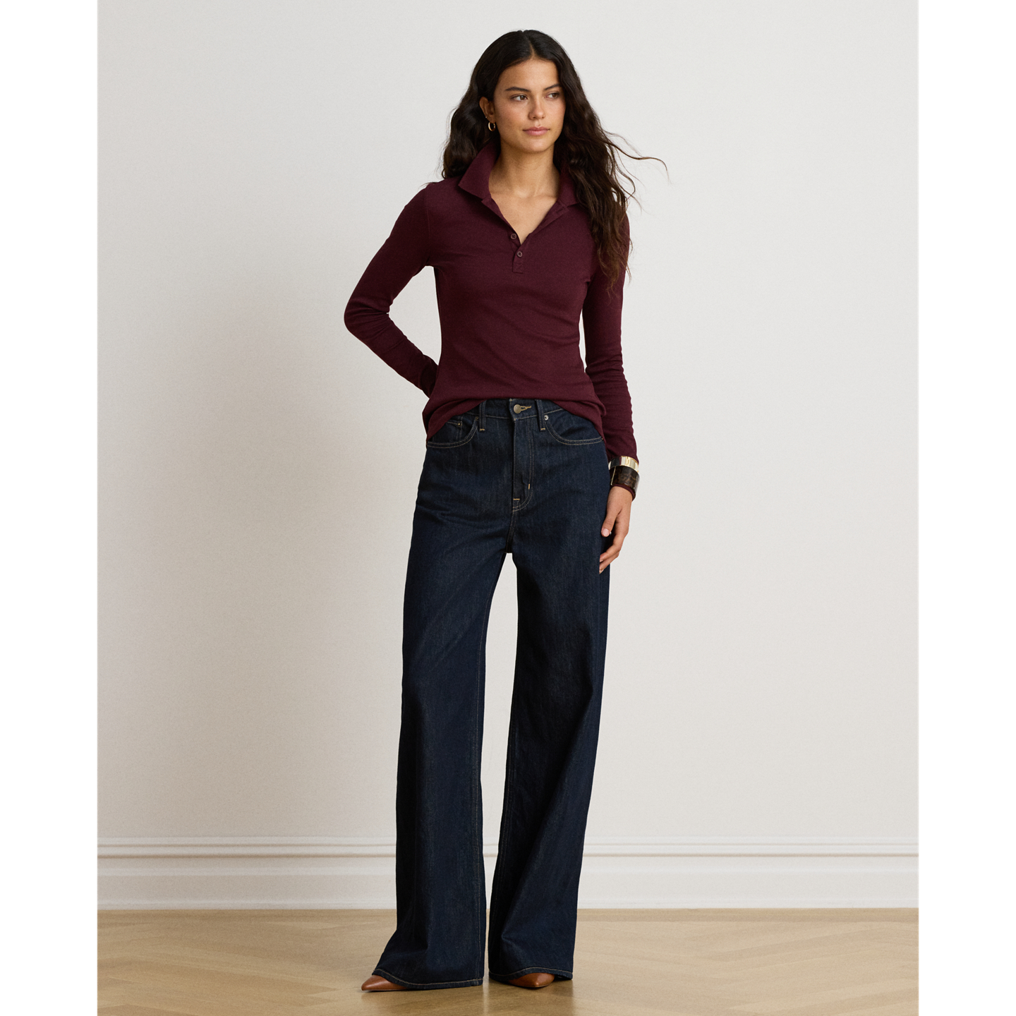 Женское поло Ralph Lauren Rib-Knit Long-Sleeve Polo, цвет: Тёмный гранатовый — фото 1