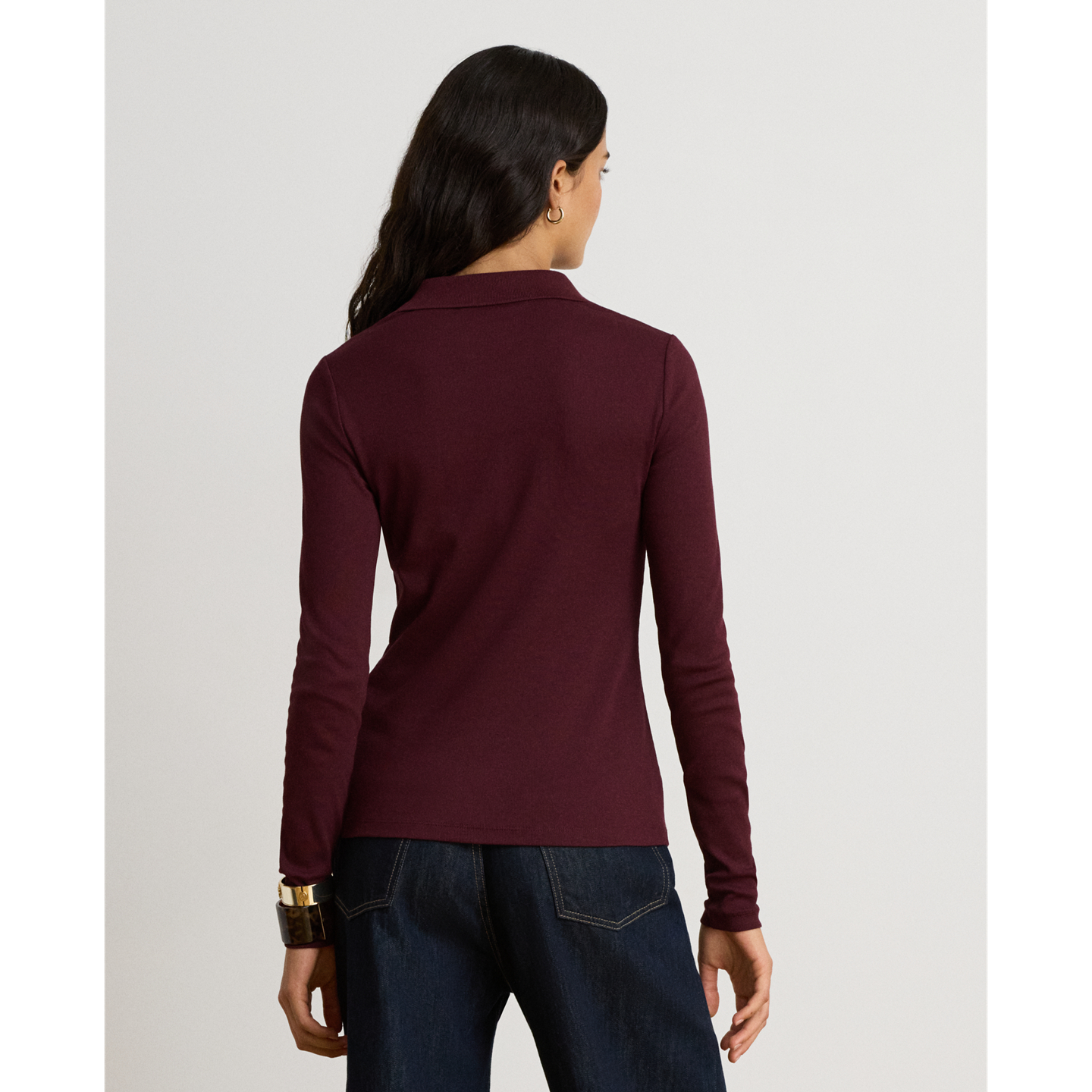 Женское поло Ralph Lauren Rib-Knit Long-Sleeve Polo, цвет: Тёмный гранатовый — фото 2