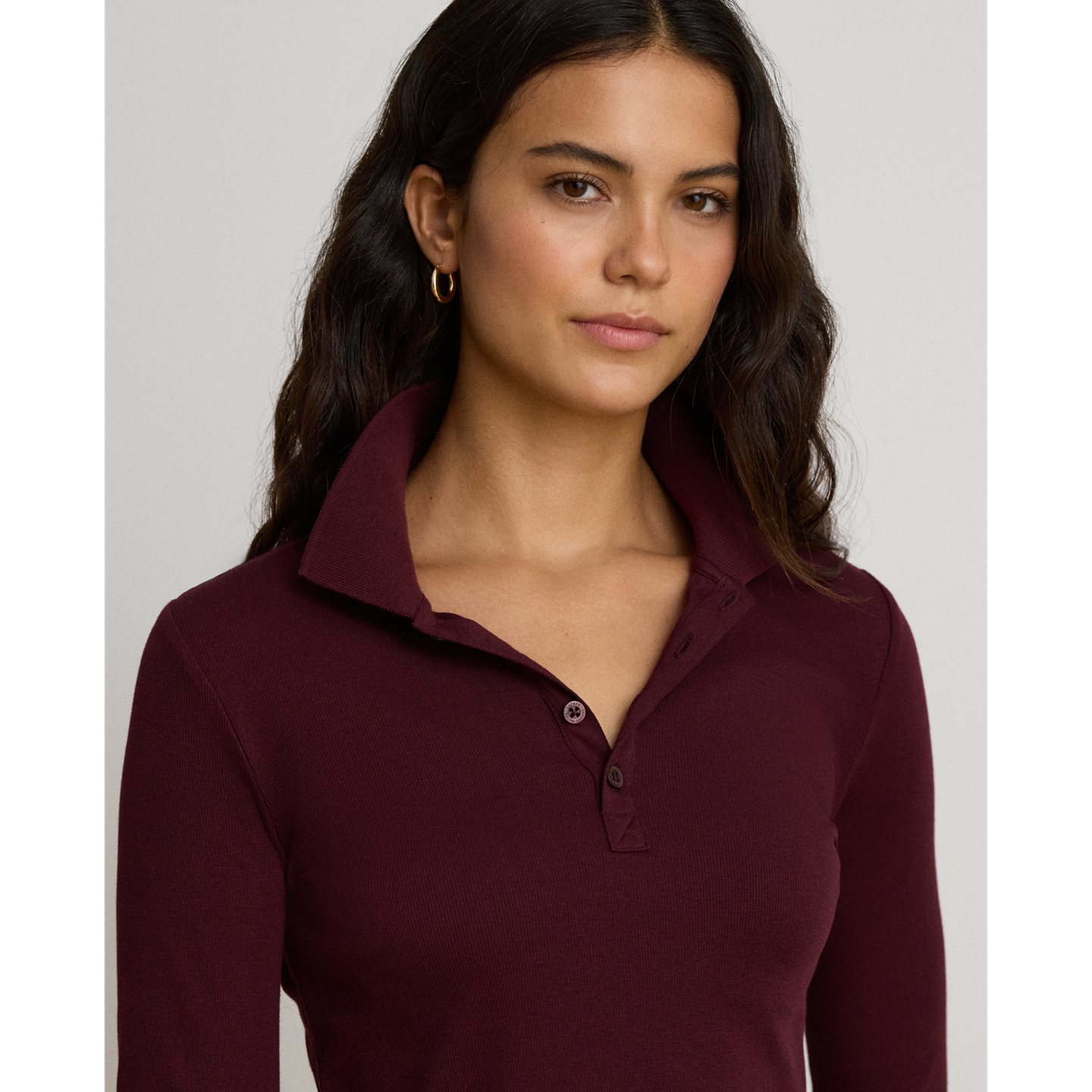 Женское поло Ralph Lauren Rib-Knit Long-Sleeve Polo, цвет: Тёмный гранатовый — фото 3