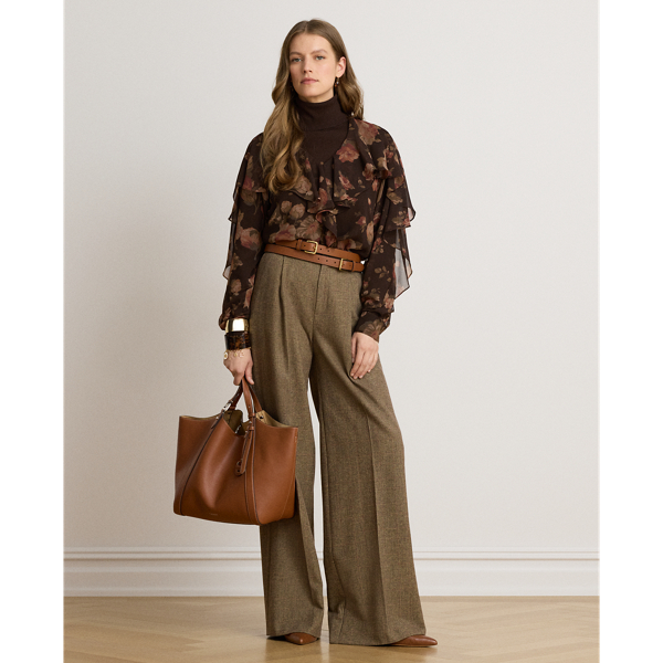 Floral Ruffle-Trim Chiffon V-Neck Blouse
