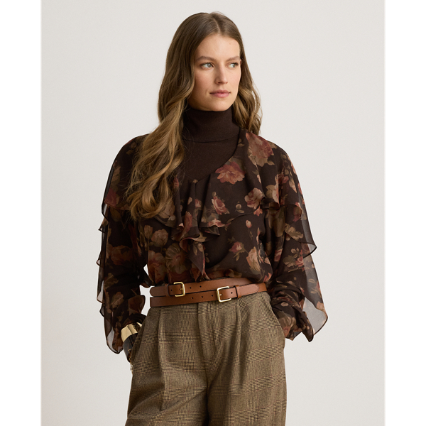 Floral Ruffle-Trim Chiffon V-Neck Blouse