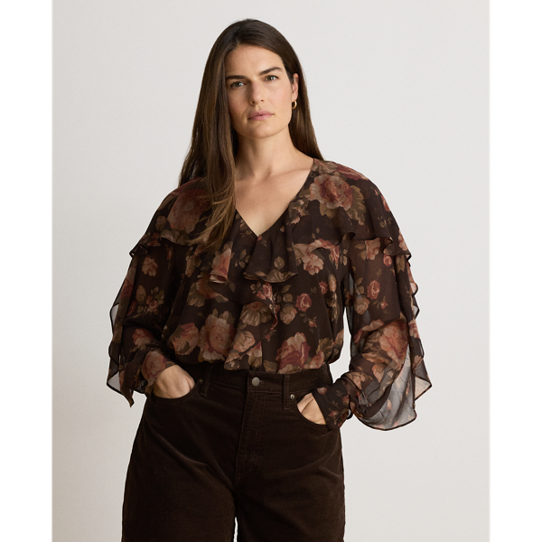 Floral Ruffle-Trim Chiffon V-Neck Blouse