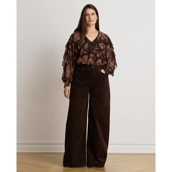 Floral Ruffle-Trim Chiffon V-Neck Blouse