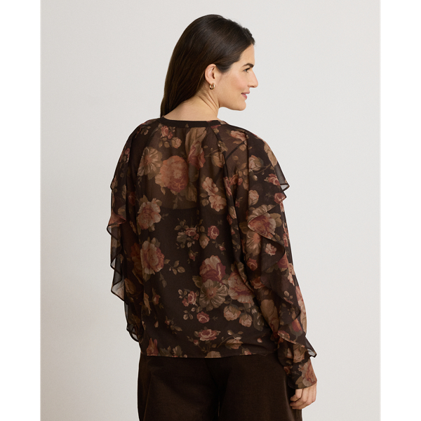 Floral Ruffle-Trim Chiffon V-Neck Blouse