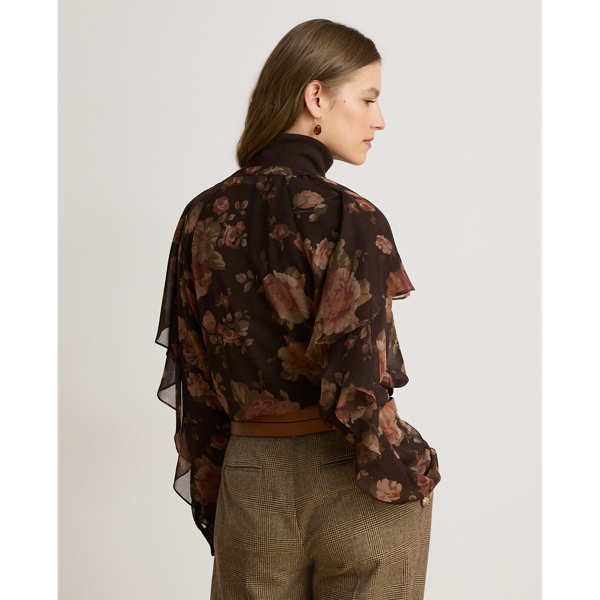 Floral Ruffle-Trim Chiffon V-Neck Blouse