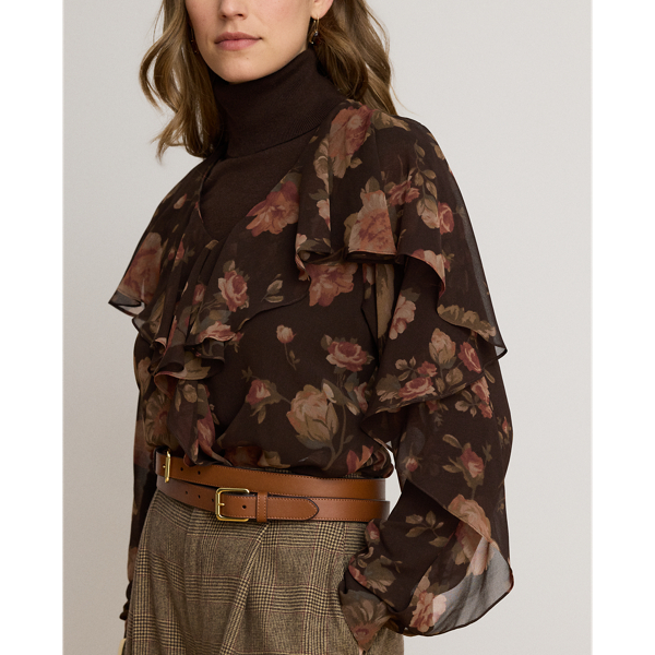 Floral Ruffle-Trim Chiffon V-Neck Blouse