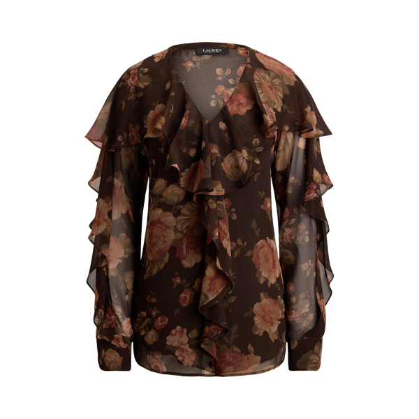 Floral Ruffle-Trim Chiffon V-Neck Blouse