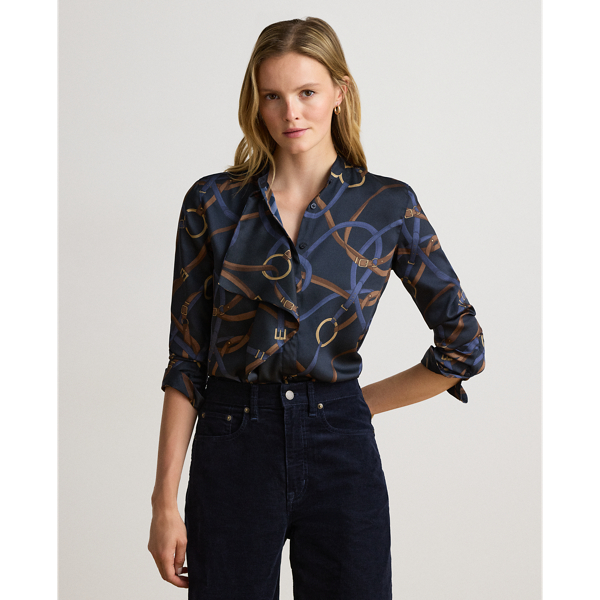 Belt Print Ruffle Trim Twill Shirt