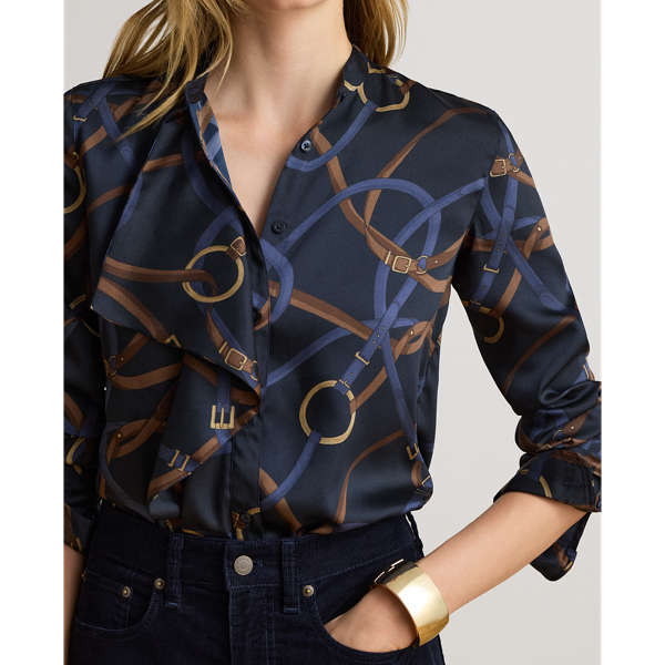 Belt Print Ruffle Trim Twill Shirt