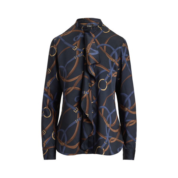 Belt Print Ruffle Trim Twill Shirt
