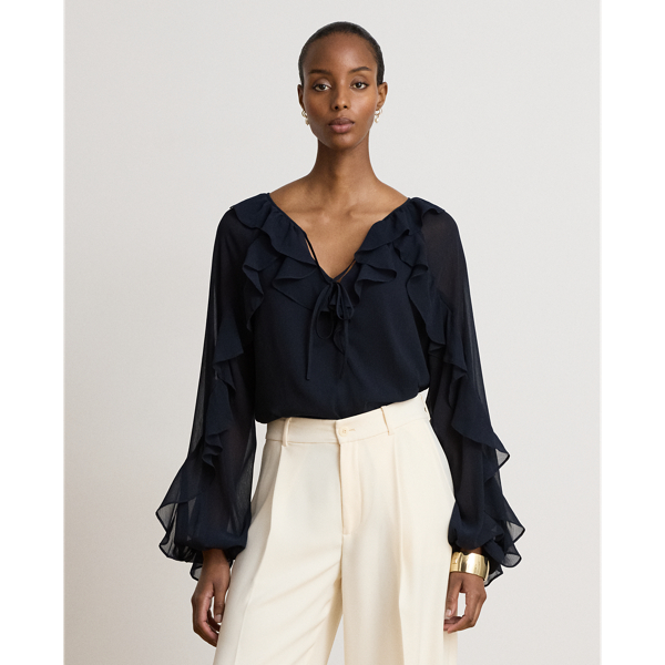 Lauren Navy Ruffle-Trim Crinkle Georgette Blouse Lauren 1