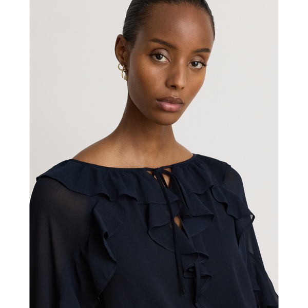 Lauren Navy Ruffle-Trim Crinkle Georgette Blouse Lauren 6