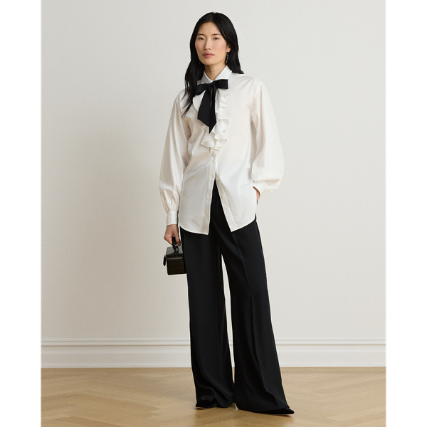 Ruffle-Trim Broadcloth Tie-Neck Shirt