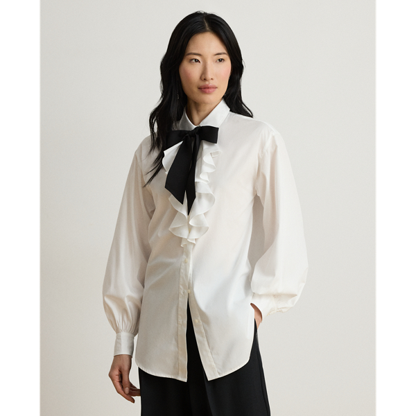 Ruffle-Trim Broadcloth Tie-Neck Shirt