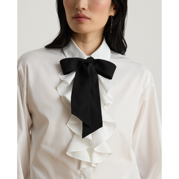 Ruffle-Trim Broadcloth Tie-Neck Shirt
