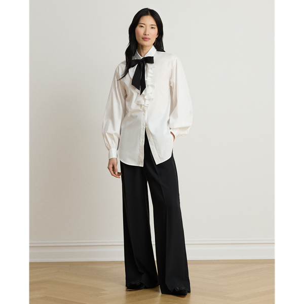 Ruffle-Trim Broadcloth Tie-Neck Shirt