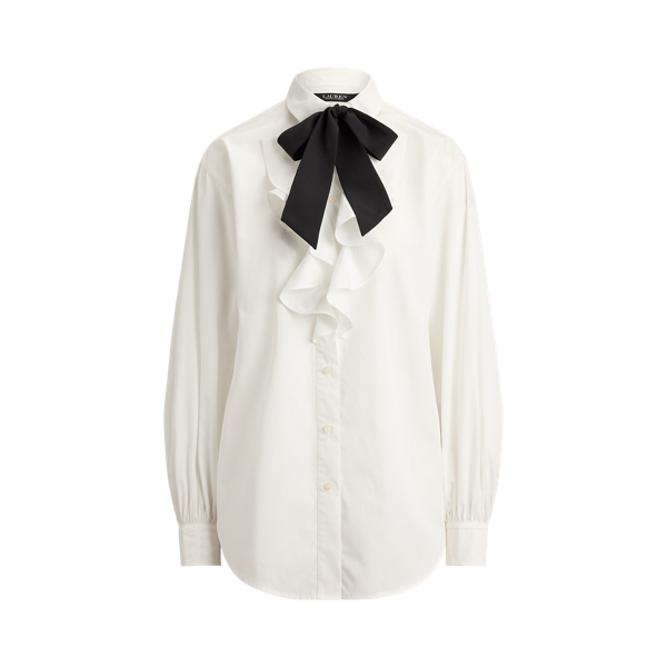 Ruffle-Trim Broadcloth Tie-Neck Shirt