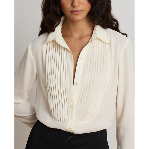 Mascarpone Cream Pintucked-Bib Georgette Tunic Shirt Lauren 6