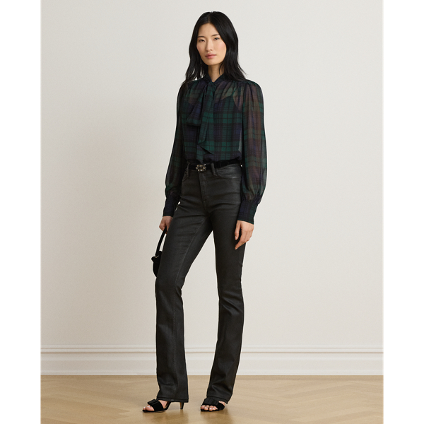 Navy/Green/Black Black Watch Georgette Tie-Neck Blouse Lauren 4