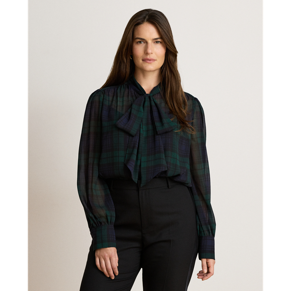 Black Watch Georgette Tie-Neck Blouse