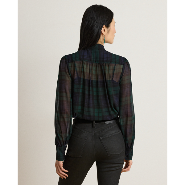 Navy/Green/Black Black Watch Georgette Tie-Neck Blouse Lauren 5