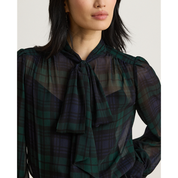 Navy/Green/Black Black Watch Georgette Tie-Neck Blouse Lauren 6