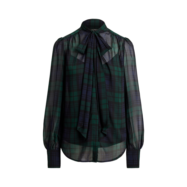 Navy/Green/Black Black Watch Georgette Tie-Neck Blouse Lauren 2