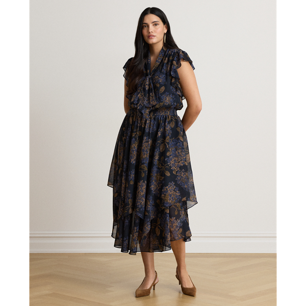 Navy Multi Floral Crinkle Georgette Tie-Neck Dress Lauren 8