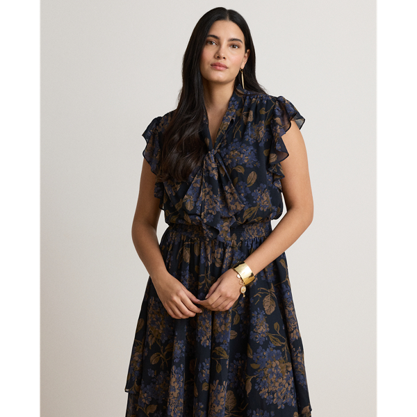 Navy Multi Floral Crinkle Georgette Tie-Neck Dress Lauren 9