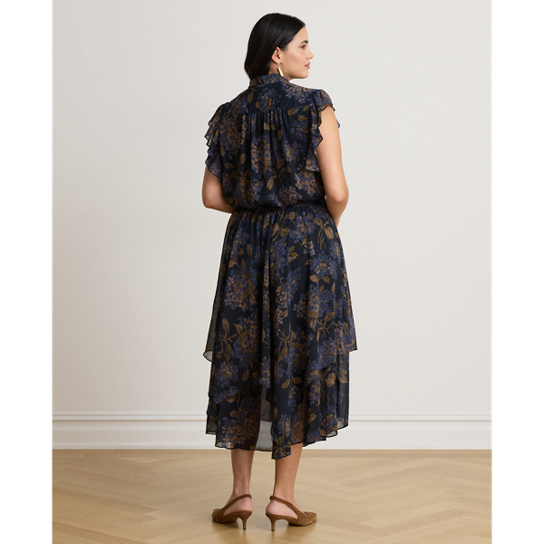 Navy Multi Floral Crinkle Georgette Tie-Neck Dress Lauren 10