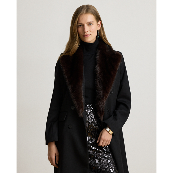Faux-Fur-Trim Double-Breasted Crepe Coat