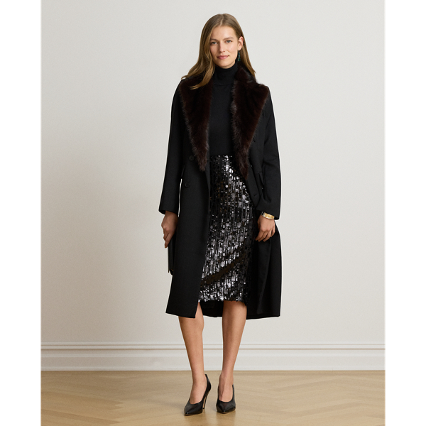 Faux-Fur-Trim Double-Breasted Crepe Coat