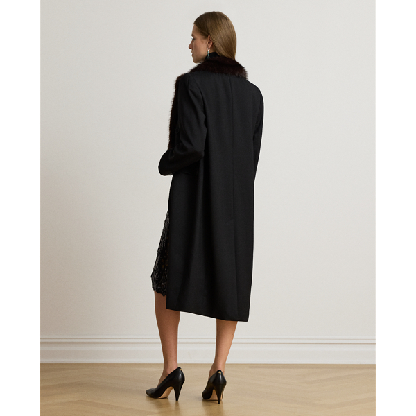Faux-Fur-Trim Double-Breasted Crepe Coat