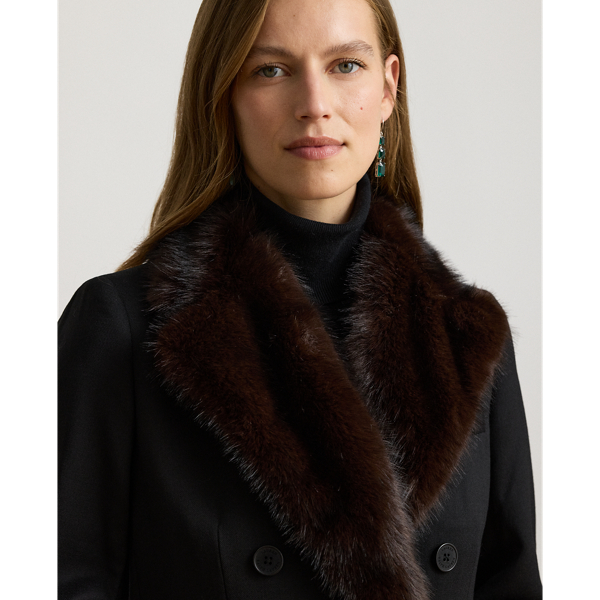 Faux-Fur-Trim Double-Breasted Crepe Coat