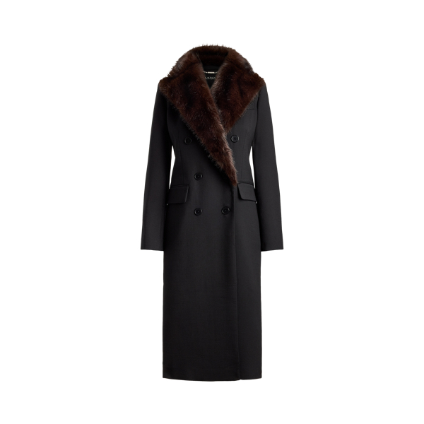 Faux-Fur-Trim Double-Breasted Crepe Coat