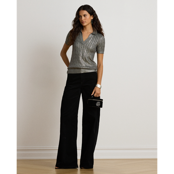 Metallic Cable-Knit Short-Sleeve Jumper