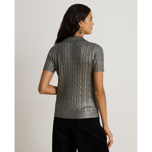 Metallic Cable-Knit Short-Sleeve Jumper
