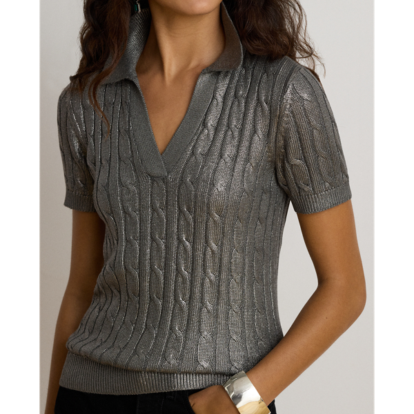Metallic Cable-Knit Short-Sleeve Jumper