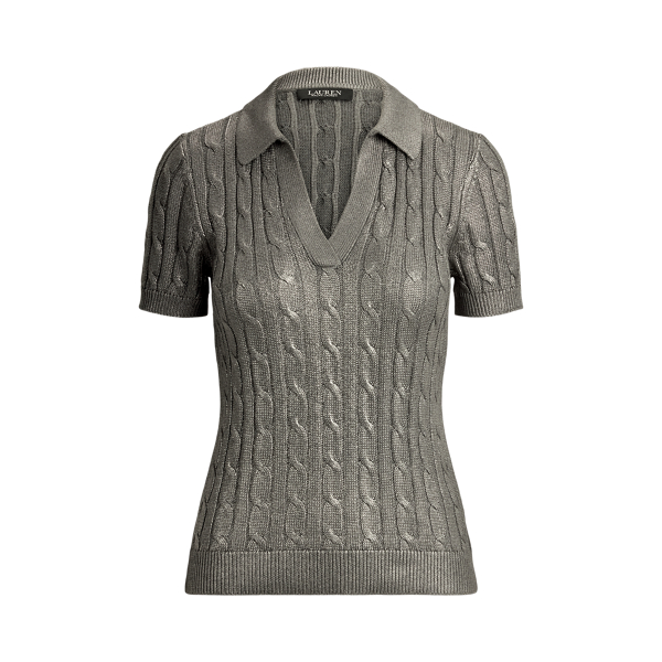 Metallic Cable-Knit Short-Sleeve Jumper