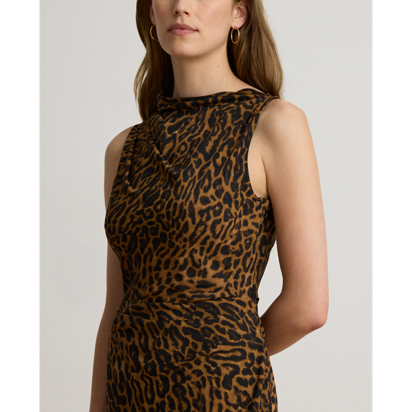 Tan Multi Ocelot-Print Pleated Crepe Dress Lauren 6