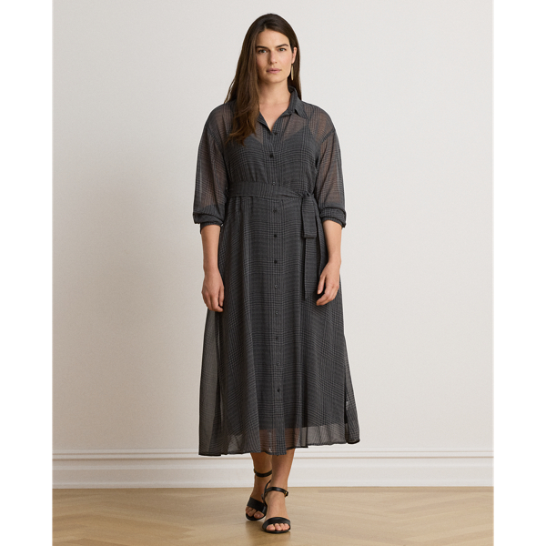 Glen Plaid Belted Chiffon Shirtdress