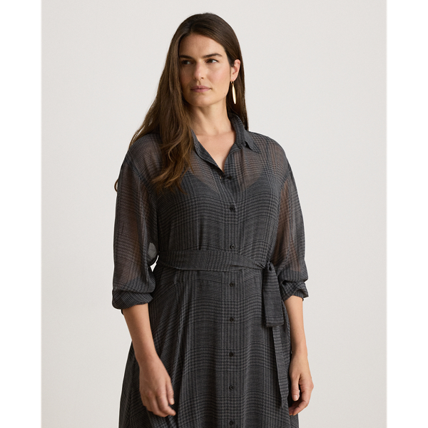 Glen Plaid Belted Chiffon Shirtdress
