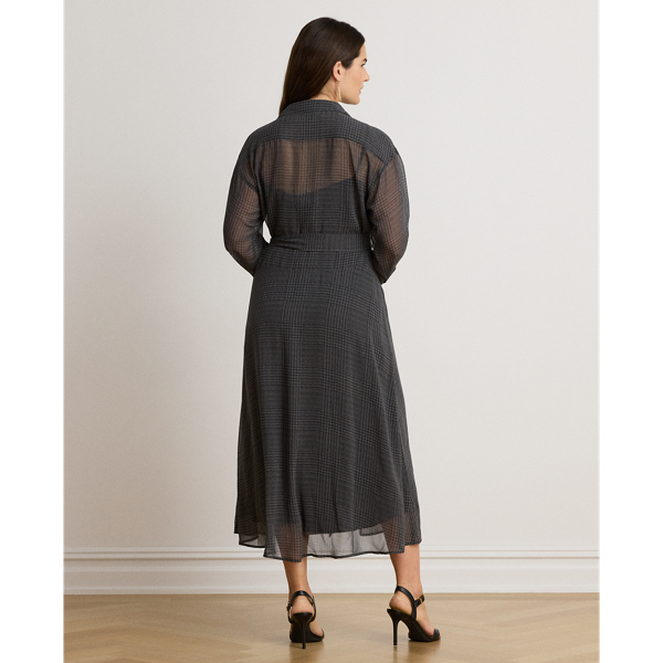 Glen Plaid Belted Chiffon Shirtdress