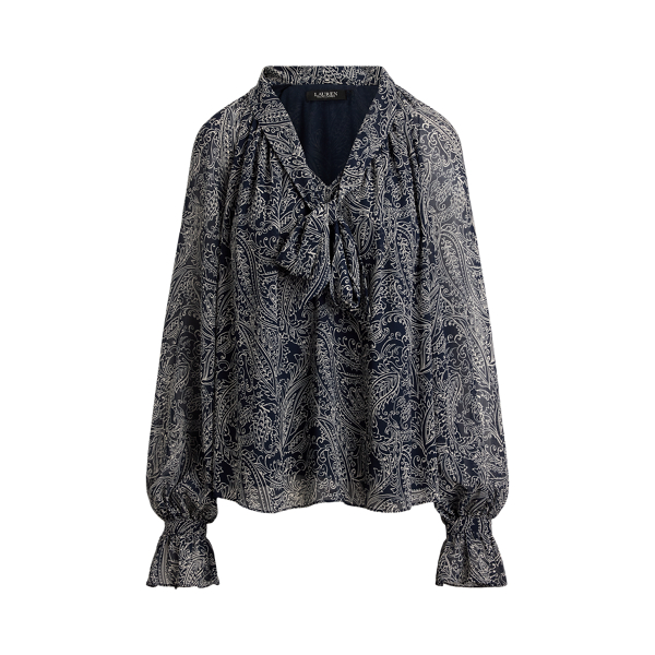 Blouse lavalli&egrave;re en georgette &agrave; motif