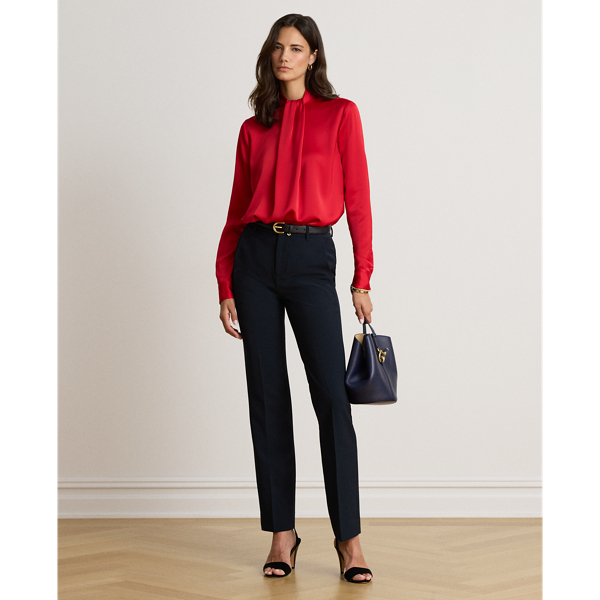 Pleated Satin Charmeuse Mockneck Blouse