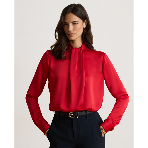 Pleated Satin Charmeuse Mockneck Blouse