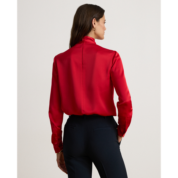 Pleated Satin Charmeuse Mockneck Blouse