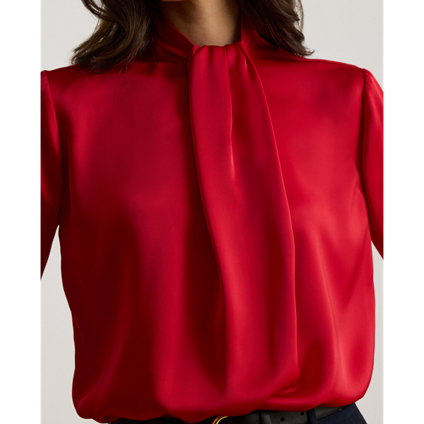 Pleated Satin Charmeuse Mockneck Blouse