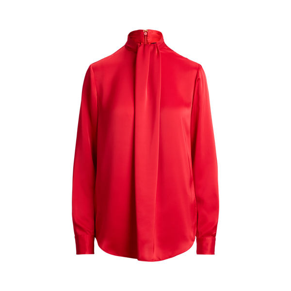 Pleated Satin Charmeuse Mockneck Blouse